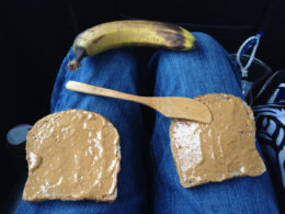 Peanut butter and banana sandwich prep
