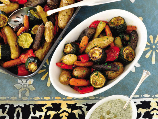 Roasted veggies and dilled lemon-caper sauce from Low-FODMAP and Vegan