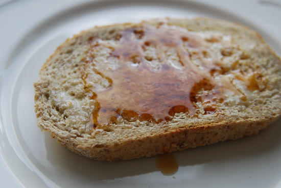 Toast covered with Bumble Bloom vegan honey alternative