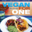 Image contains a photo of a single taco, guacamole, and a small salad on a plate. In the background, there is a glass of water with lime and a bowl of veggie ground beef. Text above the photo says "Hot tips and inspired recipes for cooking solo. Vegan For One. Ellen Jaffe Jones with Beverly Lynn Bennett."