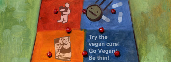 Image contains an illustration with a green background around a rectangular board with a series of tiles and pegs on it. Near the top, a small grey emoticon with a concerned look is entering the board and headed downward. The series of squares are paired from the top to the bottom with shades of red on the left and shades of blue on the right. From left to right, the tiles include a person hugging a heart, a few pills, a magazine with a far person on the cover, and a tile with "Try the vegan cure! Go vegan! Be thin" written on it.