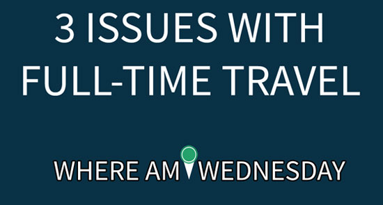 White text with the words "3 Issues With Full-Time Travel" and "Where Am I Wednesday" on a blue background